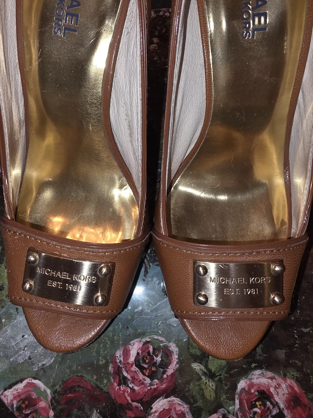 MICHAEL KORS Women's Brown Leather Peep-Toe Heels